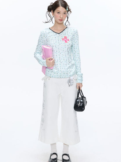Full Print V Neck Long Sleeve Top【s0000016406】