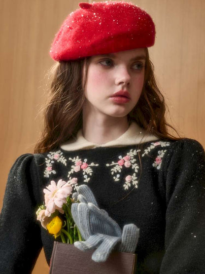 Wool Warm Hand-Embroidered Doll Collar Knit【s0000014893】