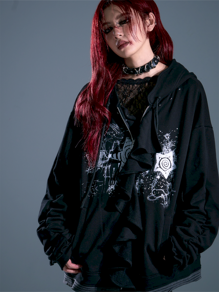 Ruffled Print Hoodie Cardigan【s0000013917】