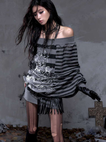 Striped Print Loose Bat Sleeve Dress【s0000014658】