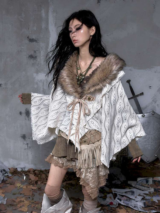 Knit Fur Collar Shawl Cape【s0000014659】