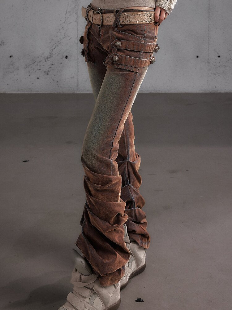 Distressed Pleated Low Rise Jeans【s0000019152】