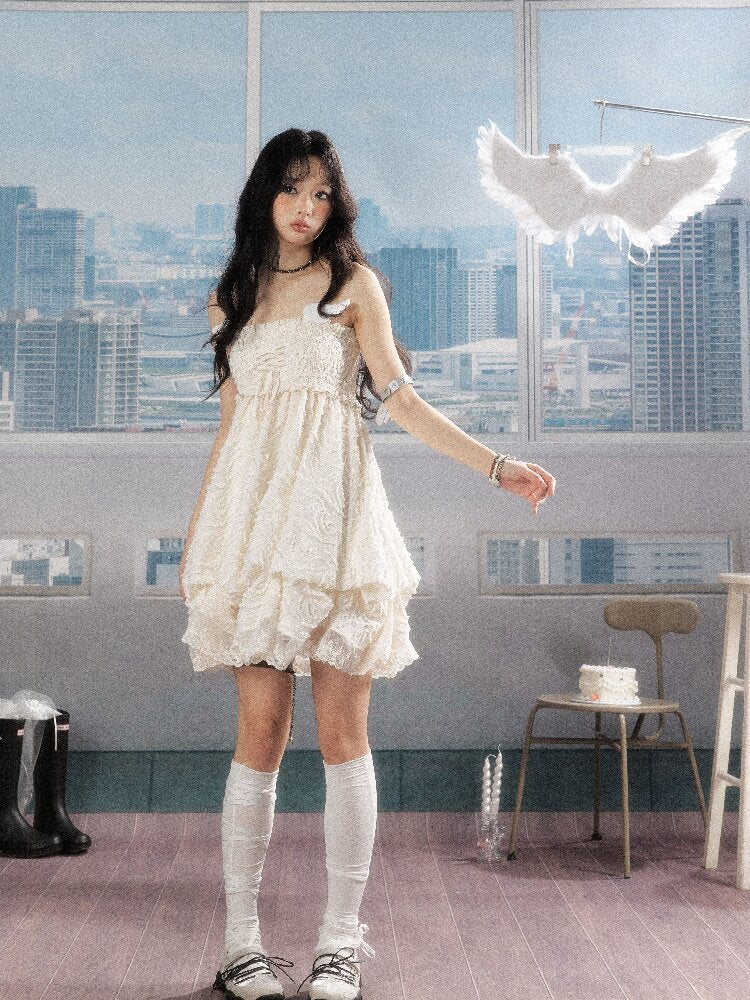 Shirred Lace White Texture Dress【s0000016278】