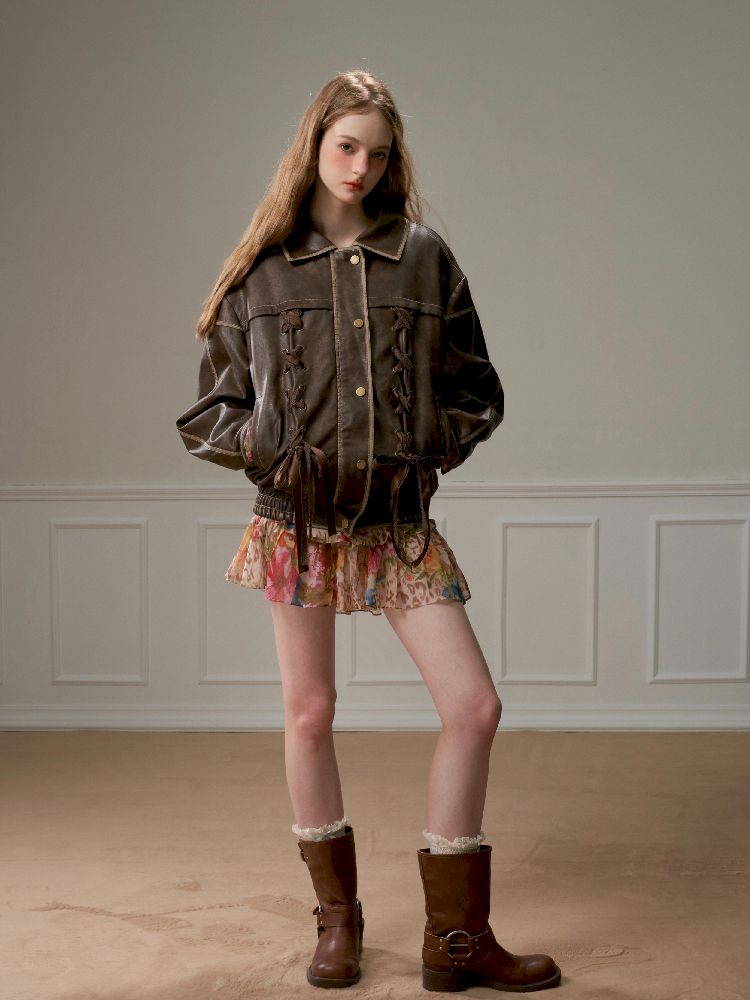 Lace Tie Brown Washed Scrub Color Fur Coat【s0000005321】