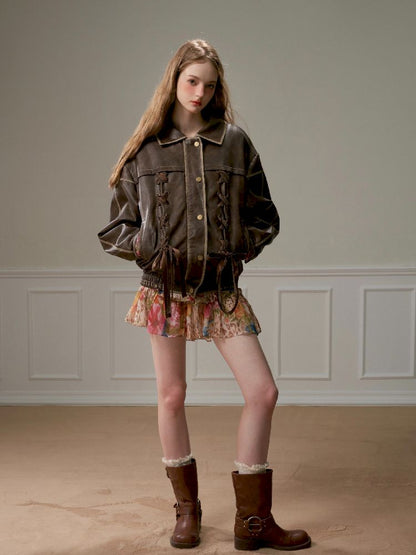 Lace Tie Brown Washed Scrub Color Fur Coat【s0000005321】