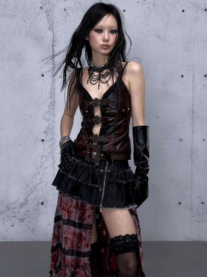 Dark Court Openwork Lace Leather Camisole【s0000014920】