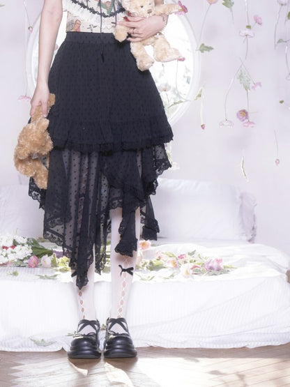 Polka Dot Irregular Hem Lace Ruffle Half Skirt【s0000007872】