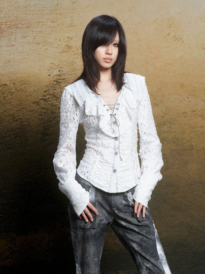 Ruffle Double Layer Collar Slim Shirt【s0000011814】
