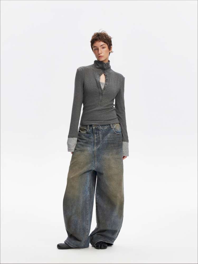 Vintage Yellow Mud Distressed Wide-Leg Jeans【s0000014873】