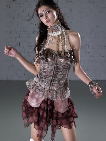 Patchwork Lace Satin Short Corset【s0000016204】