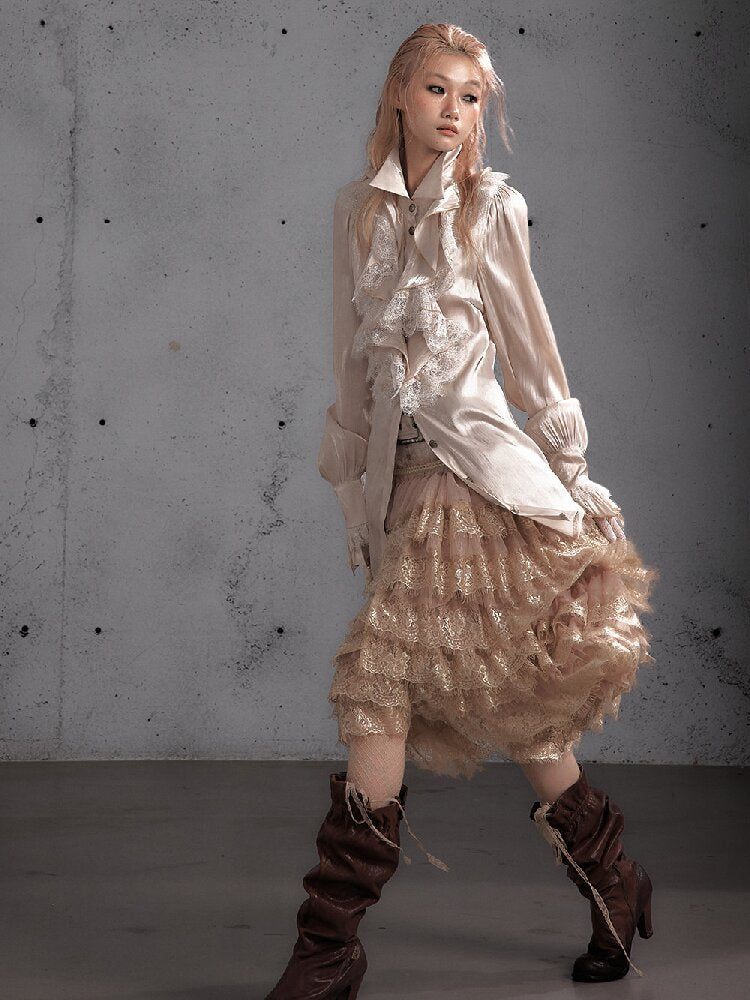 Ruffled Lace Satin Silk Shirt【s0000019157】