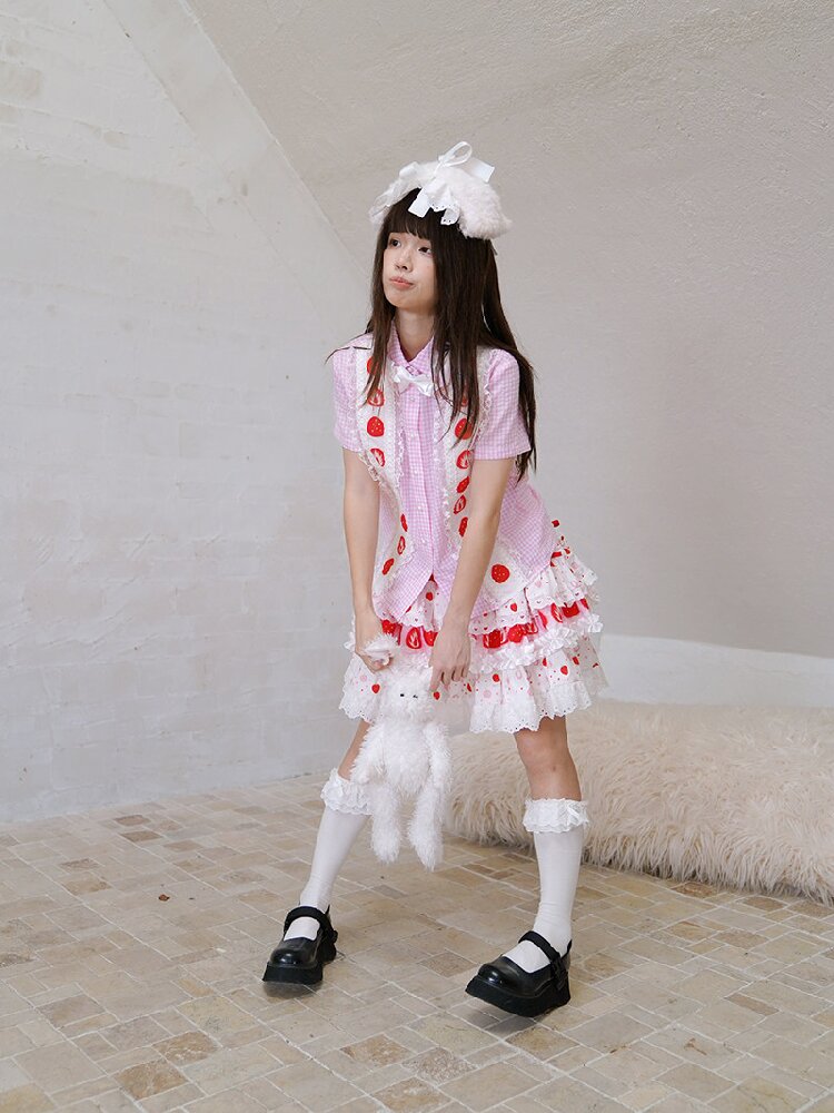 Plaid Lace Bow Short Sleeve Shirt【s0000018541】