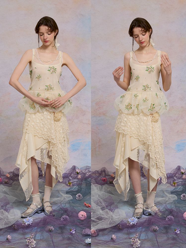 Retro embroidery mesh cloud undershirt【s0000013596】