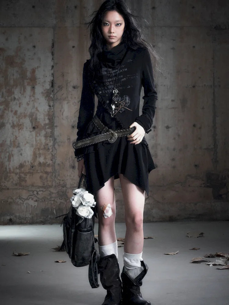 Asymmetric Collar Long-Sleeve Dress【s0000013960】