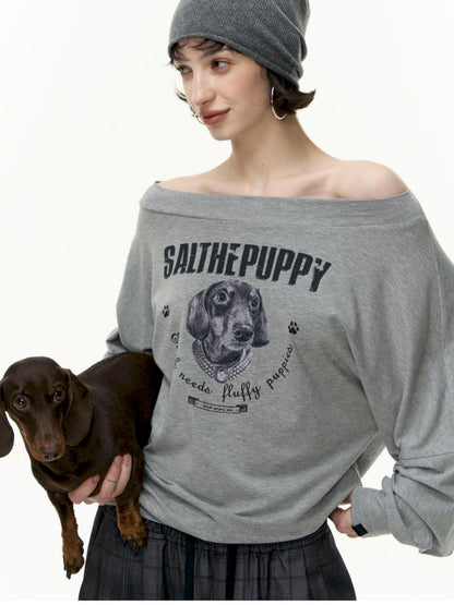 Puppy Printed Slant Shoulder Long Sleeve T-Shirt【s0000013744】