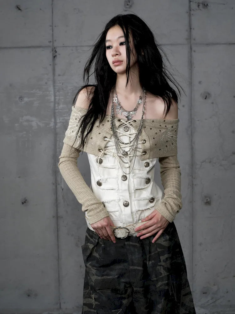 Rhinestone Off-Shoulder Long-Sleeve T-Shirt【s0000014118】