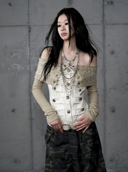 Rhinestone Off-Shoulder Long-Sleeve T-Shirt【s0000014118】