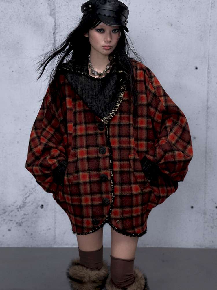 Punk Plaid Denim Bat Woolen Coat【s0000014929】