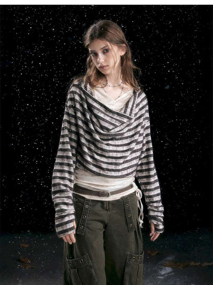 Striped Distressed Hooded Top【s0000014674】