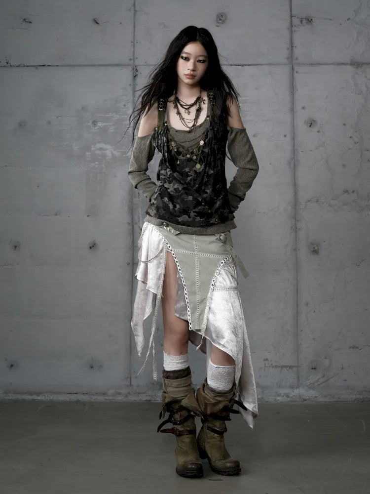 Asymmetric Leather-Satin Skirt【s0000013944】