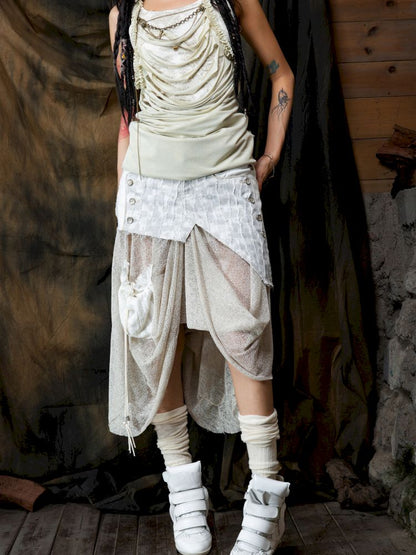 Patchwork Versatile Mesh Asymmetric Skirt【s0000013898】