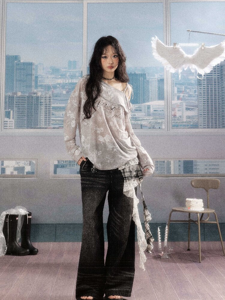 Plaid Ruffled Wide Leg Jeans【s0000016268】