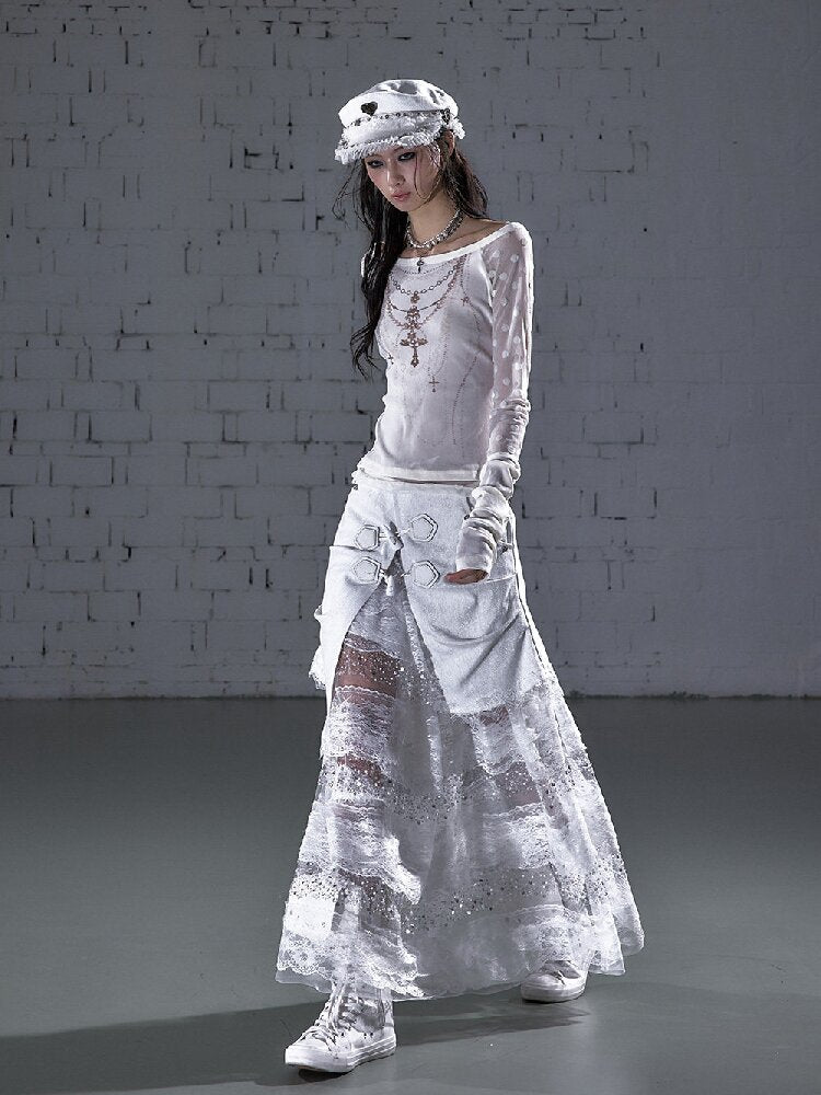 Stitched Lace Denim Maxi Skirt【s0000015940】