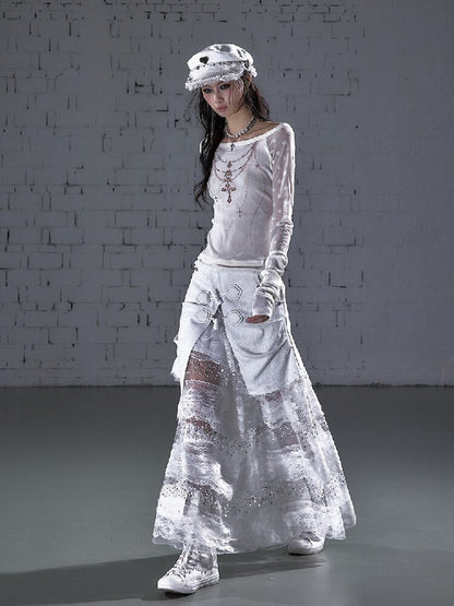 Stitched Lace Denim Maxi Skirt【s0000015940】