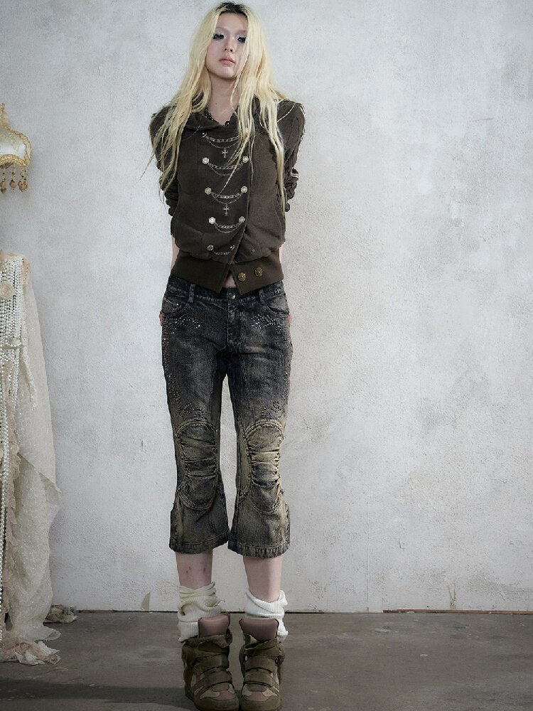 Rhinestone Three-Quarter Jeans【s0000017983】