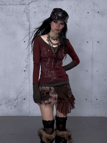 Retro Punk V-Neck Stretch T-Shirt【s0000014928】