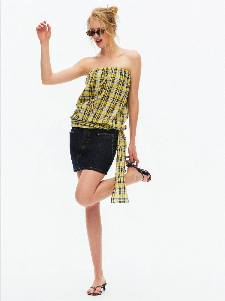 Striped Plaid Lace Up Bandeau Top【s0000015924】