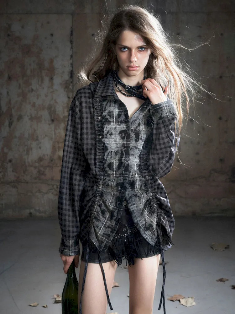 Drawstring Black-Gray Checkered Shir【s0000013959】