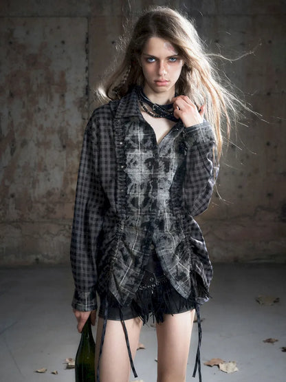 Drawstring Black-Gray Checkered Shir【s0000013959】