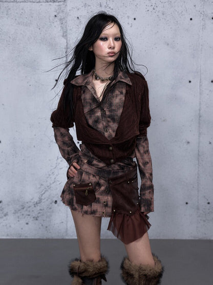 Plaid Stitching Leather Skirt【s0000015546】