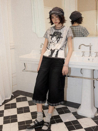 Spliced Plaid Diamond Wide Jeans【s0000016659】