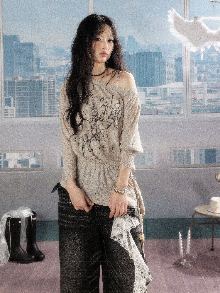 Print Drawstring Shoulder T-Shirt【s0000016273】