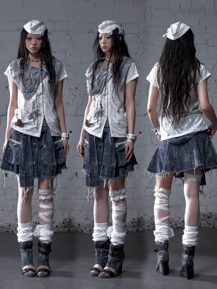 Hooded washed denim shirt dress skirt【s0000012784】