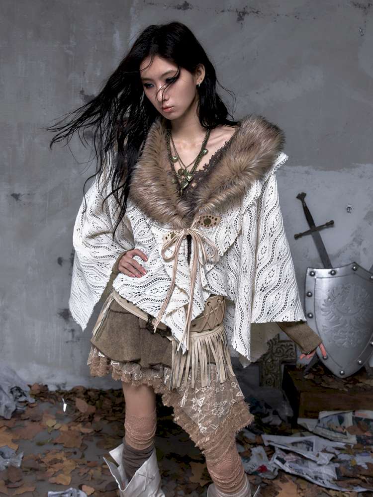 Knit Fur Collar Shawl Cape【s0000014659】