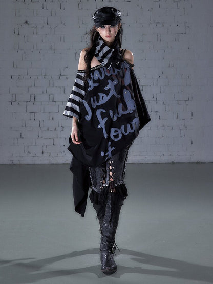Asymmetrical Striped Webbing T-shirt【s0000015938】