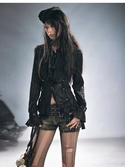 Gothic Pleated Ruffled Slim Shirt【s0000015450】