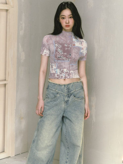 Wide-leg broken holes micro-laundry jeans【s0000012140】