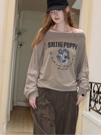 Puppy Printed Slant Shoulder Long Sleeve T-Shirt【s0000013744】