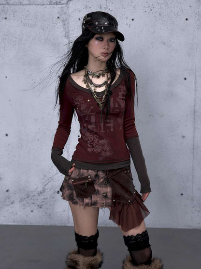 Retro Punk V-Neck Stretch T-Shirt【s0000014928】