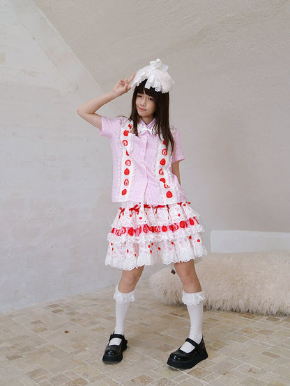 Plaid Lace Bow Short Sleeve Shirt【s0000018541】
