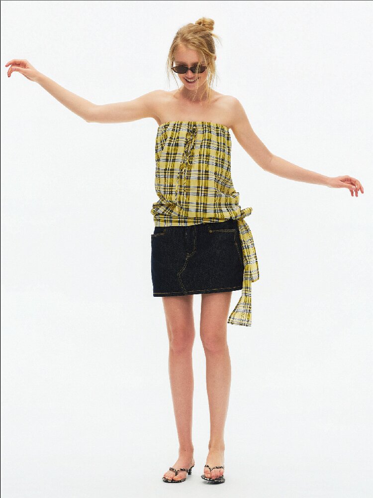 Striped Plaid Lace Up Bandeau Top【s0000015924】