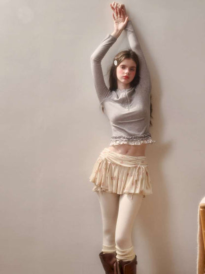 Comfortable Cotton Crew Neck Slim Lace Hem Top【s0000014895】