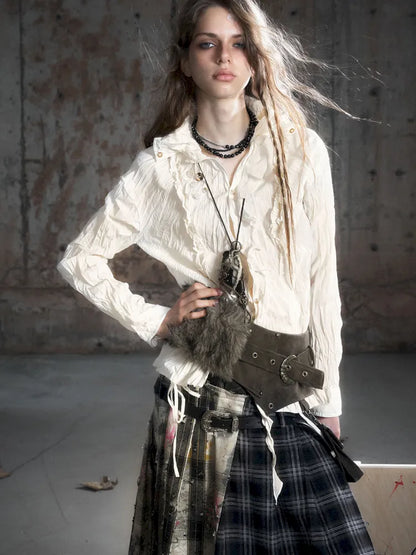 Drawstring Black-Gray Checkered Shir【s0000013959】