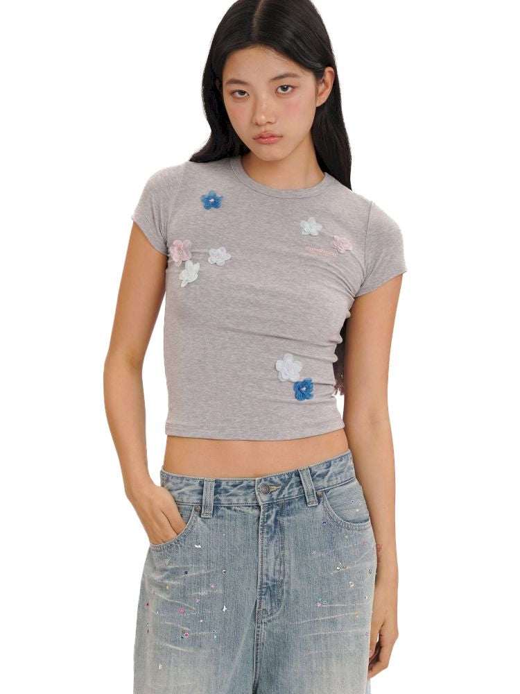 Irregular flowers Slim short-sleeved T-shirt【s0000013444】