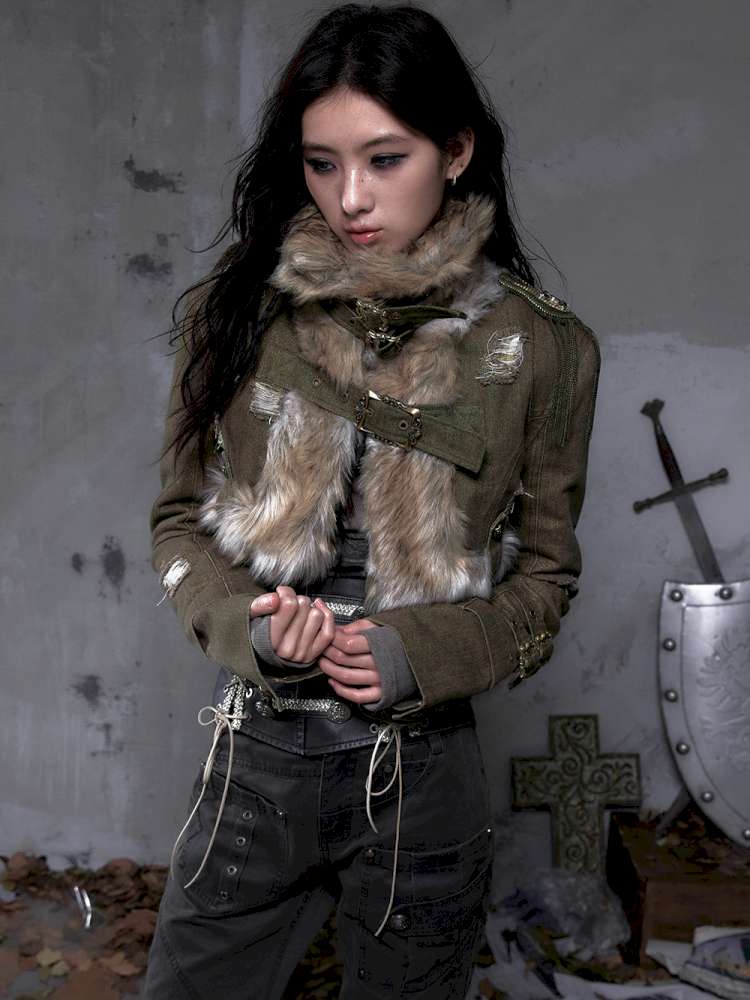 Washed Ripped Gold Filigree Denim Coat【s0000014653】