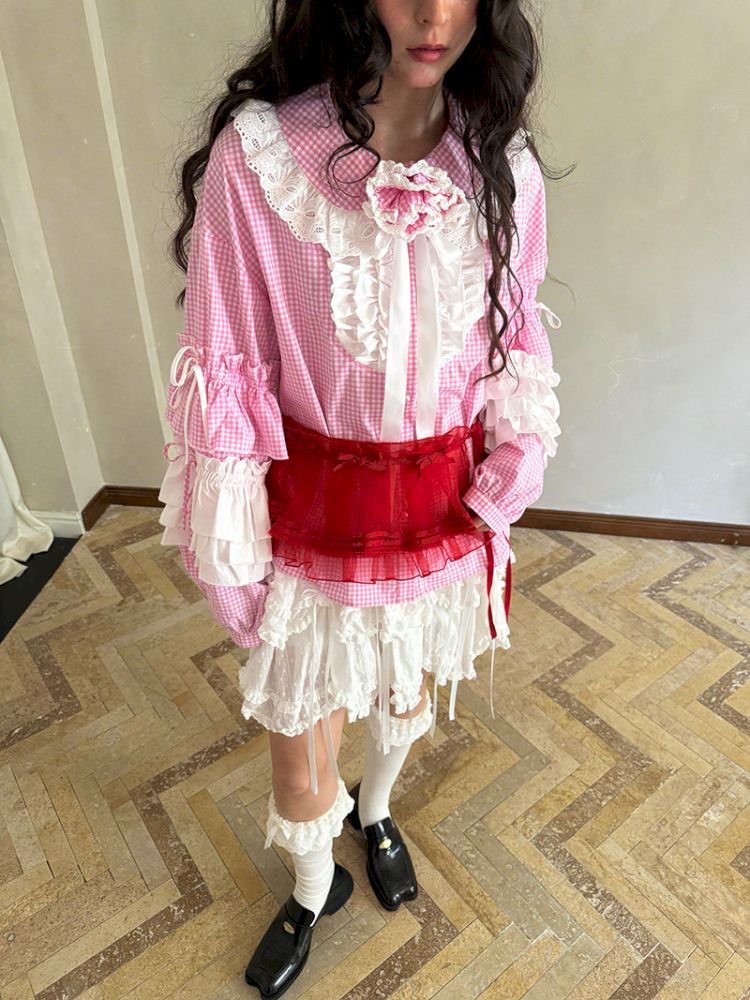 Pink checkered lace trim long-sleeved shirt【s0000012761】